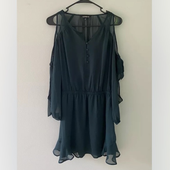 Express Green Sheer Layered Lined Slit Long Sleeve Flowy Boho Dress Women’s XS - Picture 1 of 7